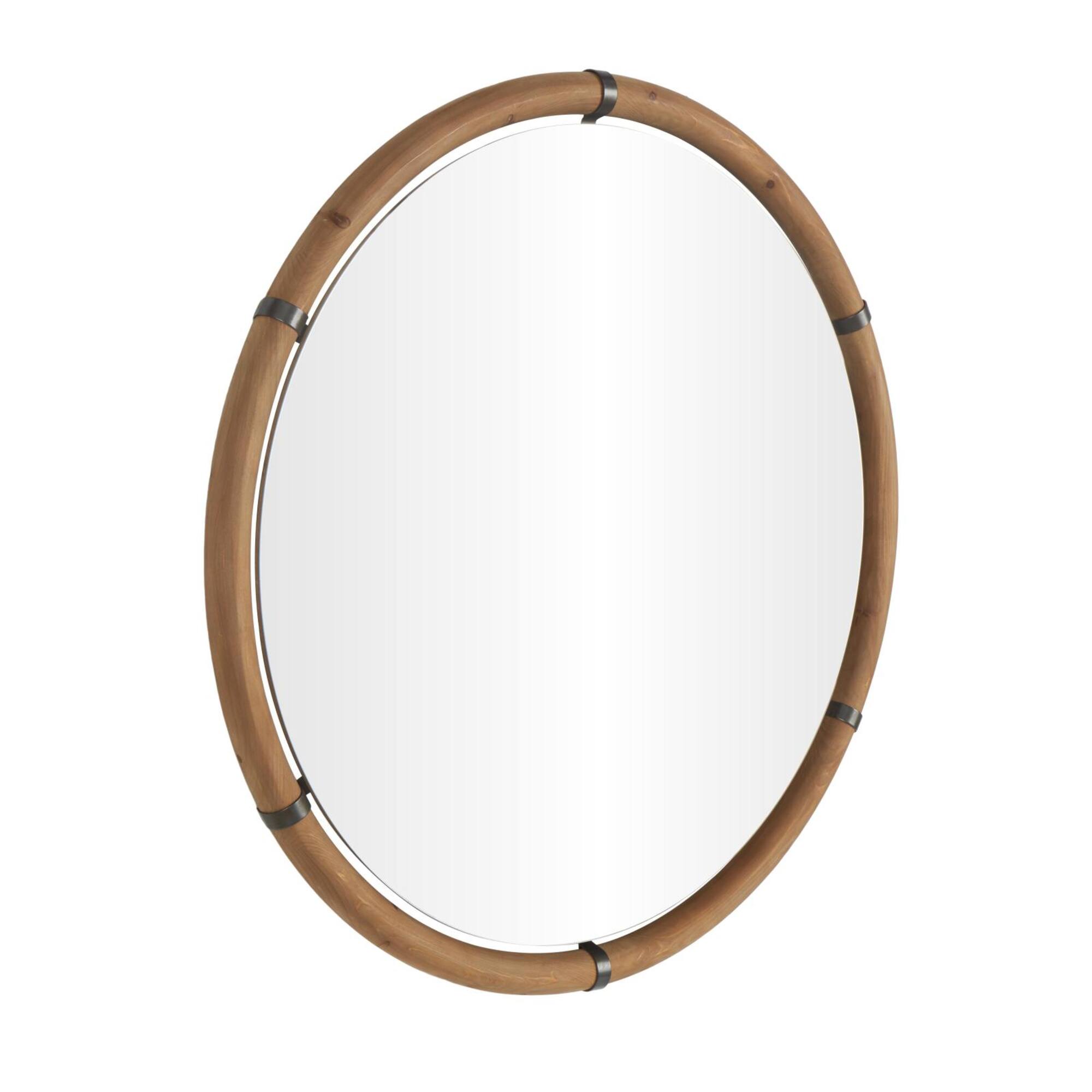 40" x 40" Brown Wood Round Design with Brass Metal Support Wall Mirror